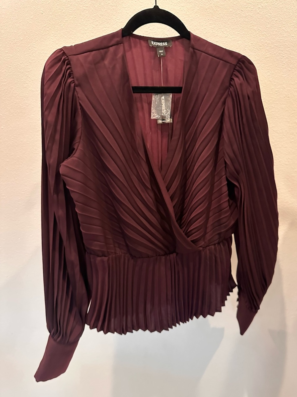 Express Women’s Burgundy / Wine Long Sleeve Pleated Wrap Blouse